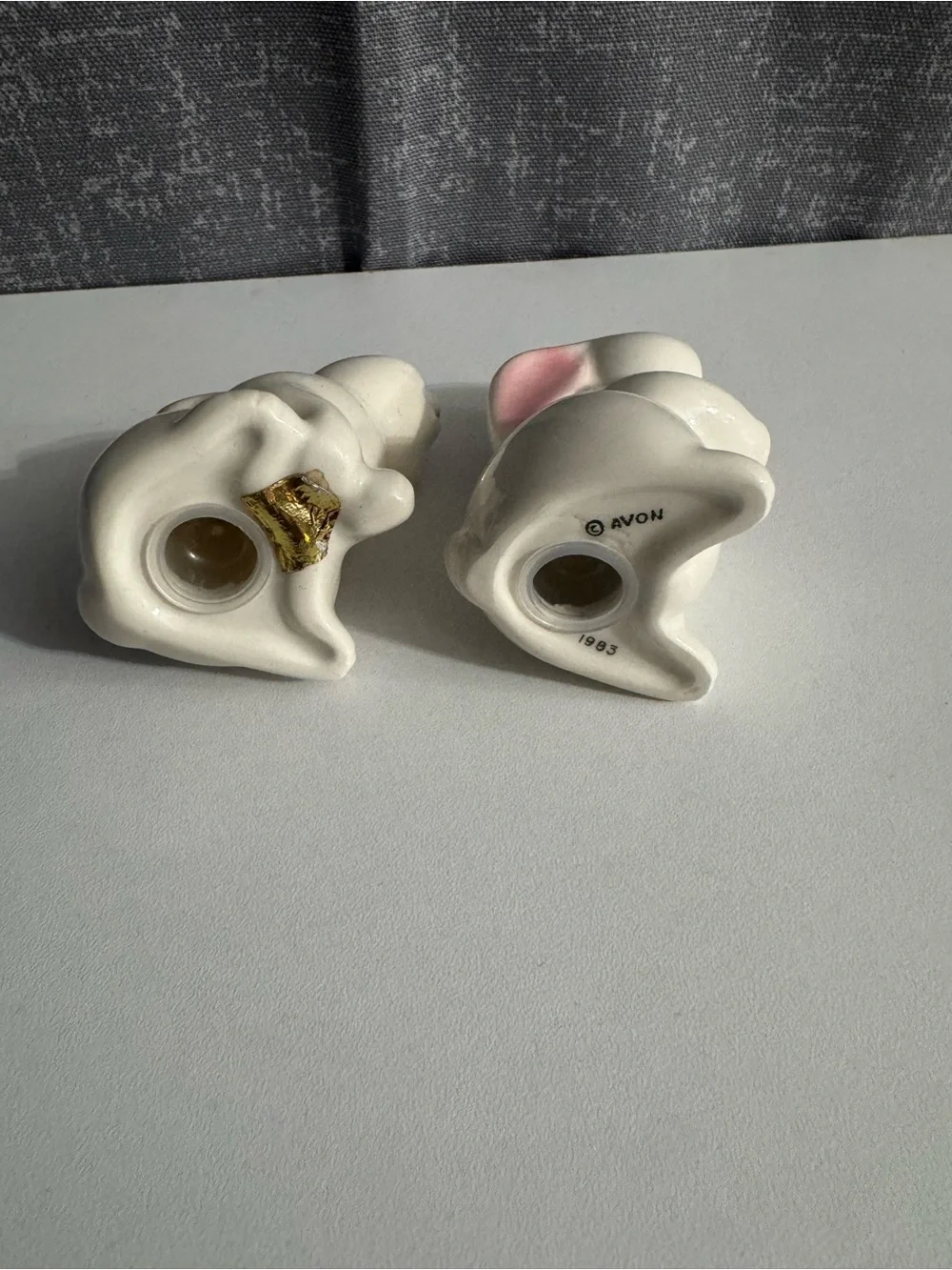 Vintage Avon Ceramic Bunny salt and pepper set with Pink Accents
